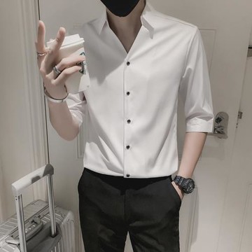 七分袖襯衫男士小眾設計感痞帥短袖夏季韓版v領簡約半袖白襯衣潮