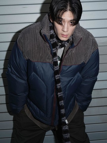 Corduroy Contrast Piping Down Parka [Blue]