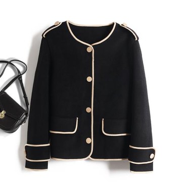 高級感黑色大衣女小香風開衫雙面羊絨新品短款小個子羊毛呢子外套