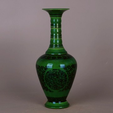 仿大清乾隆綠釉龍紋竹節魚尾瓶 做舊仿古瓷器古玩家居軟裝裝飾品