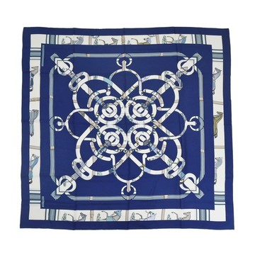 Hermes 愛馬仕 Eperon d'Or et Tenues de Jour 140 手工捲邊喀什米爾與真絲混紡方巾(寶藍/白色)_廠商直送
