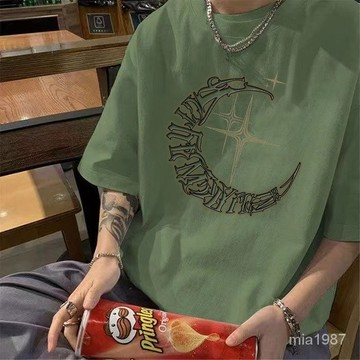 夏季純棉綠色短袖T恤男字母印花寬鬆圓領韓版個性休閒小衆上衣ins OCN9