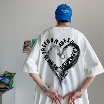 夏季純棉 愛心印花短袖t恤 M-5XL 寬鬆ins 落肩舒適 百搭港風打底體恤衫