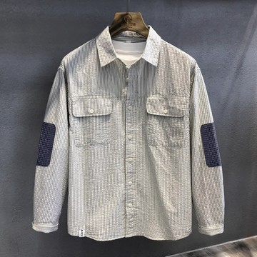 襯衫 男 長袖襯衫 襯衫外套 泡泡肌理條紋高級感複古補丁痞帥襯衫男士春休閒長袖襯衣男 襯衣 RIAK