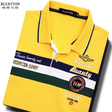 歐洲站潮男裝短袖T恤男翻領POLO衫拼接撞色條紋刺繡高檔上衣夏季