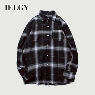 IELGY 男士襯衫夏季長袖休閒寬鬆格子襯衫