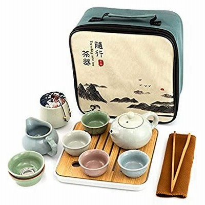 セラミックKungfu ティーセット 12ピース ミニポータブルトラベルティーセット ティーポット付き ティーカップ 4個 竹製のティートレイ ティー(並行輸入品)