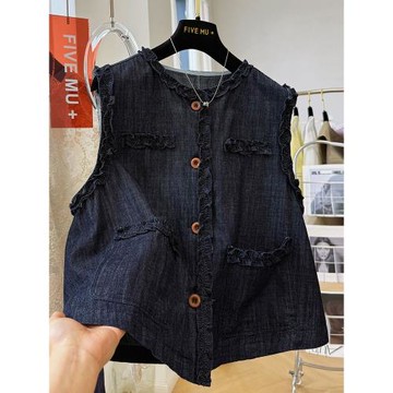 大碼男女裝韓系木耳邊無袖牛仔馬甲情侶夏季高級感坎肩背心外套潮