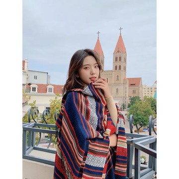 旅游拍照斗篷保暖加厚泫雅風波西米亞披肩民族風洋氣圍巾外搭女