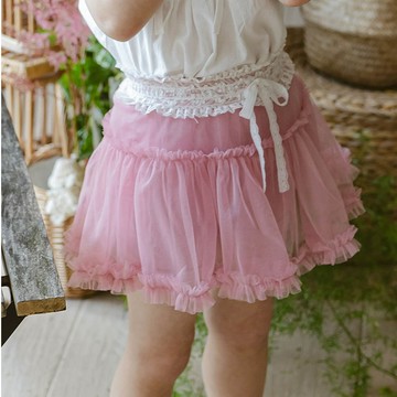 韓國 Puellaflo - 鬆緊腰飄逸浪漫網紗短內搭褲裙-粉