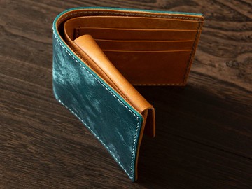 義大利皮革 MAYA 手工縫製雙折錢包藍駝色