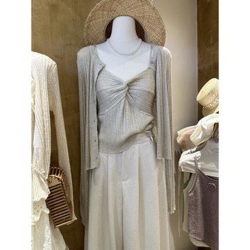 2025早秋新款韓版修身兩件套交叉打扭設計吊帶+圓領氣質針織開衫