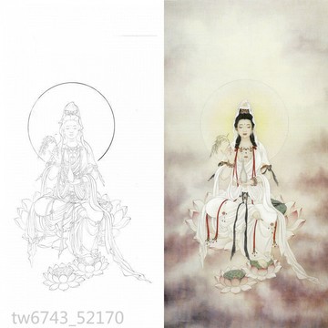 實物參照彩圖 底稿 可上色 列印稿 宣紙 高清工筆劃四尺觀音神佛人物白描底稿宣紙2-115