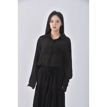 (F) bybon修身短版質感透膚黑色長袖上衣二手衣