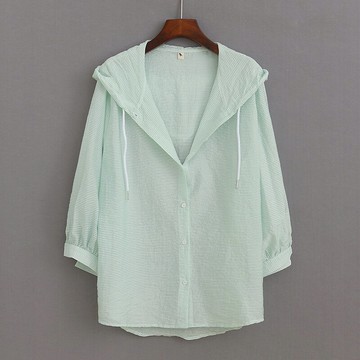 連帽條紋防曬衣 夏季新款薄款紐扣開衫 錯層襯衫女上衣外套 E/8-2