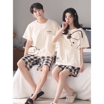氧時間情侶睡衣男女士春夏季純棉薄款短袖家居服夏天全棉新款套裝
