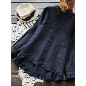 外貿法國單春秋T恤女裝棉麻襯衫長袖翻領木耳邊拼接大碼亞麻上衣