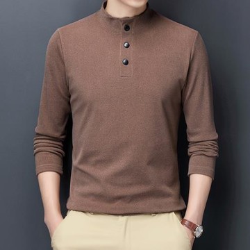 男士長袖T恤秋季中年男裝雙面絨扣子半高立領體恤套頭圓領打底衫