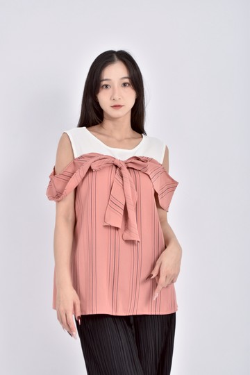 (M) ob style棉質條紋露肩假兩件橘色短袖上衣