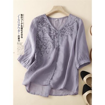 棉麻襯衫女士裝夏季2025年新款媽媽減齡洋氣氣質上衣小衫半袖襯衣