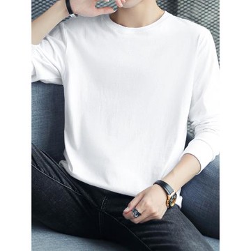純棉長袖t恤男秋冬季潮流內搭打底衫圓領上衣服純色白色全棉秋衣