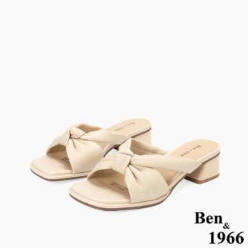 Ben&1966高級頭層羊皮經典扭結低跟拖鞋-杏(256551)