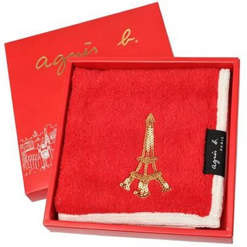agnes b. 紅/米白色底金亮片艾菲爾鐵塔品牌布標LOGO小方巾禮盒(28CM)