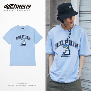 海豚重磅華夫格情侶短袖t恤男夏季潮牌寬松大碼純棉上衣半袖中袖