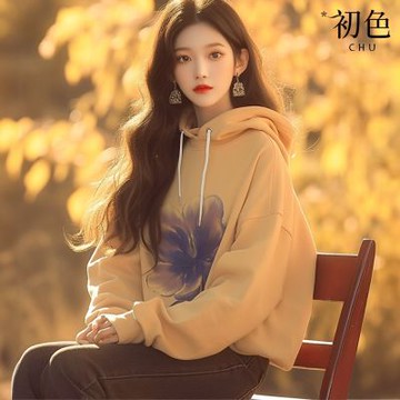 初色 寬鬆連帽抽繩花朵印花長袖連帽T恤上衣女上衣-黃色-38162(M-3XL可選)