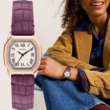 FOSSIL Harlow 復古八角大三針女錶 雙12購物節 送禮首選-玫瑰金x酒紅/27mm ES5428