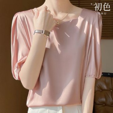 初色 氣質高雅風顯瘦純色圓領燈籠袖短袖T恤上衣女上衣-共7色-13438(L-3XL可選)