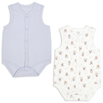 akachan honpo - 無袖速乾包屁衣2件組-前開式 小熊 星星-淺藍色