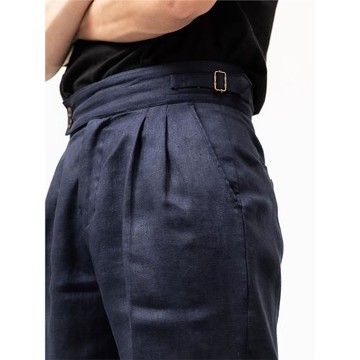 春夏新款海軍藍亞麻寬松短褲男 高腰那不勒斯五分褲 雙褶透氣中褲