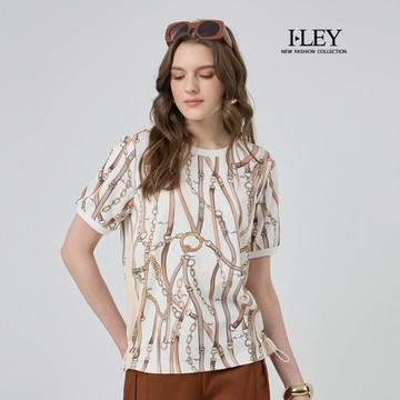 ILEY伊蕾 縲縈拼接絲巾風印花上衣(杏；M-XL)