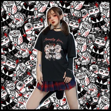 Miub原創怪物女孩印花短袖夏季打底衫朋克小眾暗黑自制情侶T恤潮