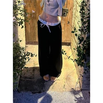 2025春季新款百搭垂感闊腿褲美式高腰設計感荷葉邊運動休閑長褲子