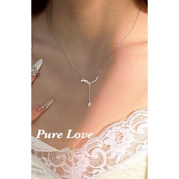 Pure Love樂芙 / 正韓 【N1003】韓系簡約S925通體純銀項鍊笑臉微鑲鋯石水滴流蘇鎖骨鏈 短項鏈 / 銀