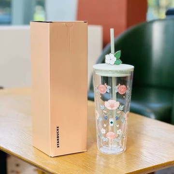 星巴克杯子2026新年禮物春日花系列韓風雙層大容量玻璃吸管杯子配花花吸管裝飾
