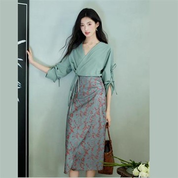 【米蘭精品】休閒套裝七分袖裙裝-綁帶漢服印花長裙女裝74kh9
