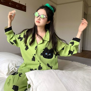 撞色小貓 春秋季長袖長褲睡衣 可愛卡通翻領睡衣女 雲朵棉家居服套裝 舒適休閒服 韓版睡衣 兩件式睡衣 睡衣睡褲
