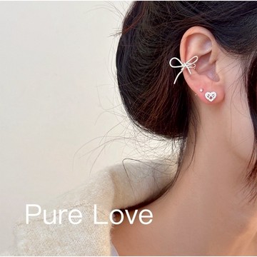 Pure Love樂芙 /正韓 【E0834】韓系簡約鏤空絲帶大蝴蝶結耳夾(無耳洞)單只 / 銀