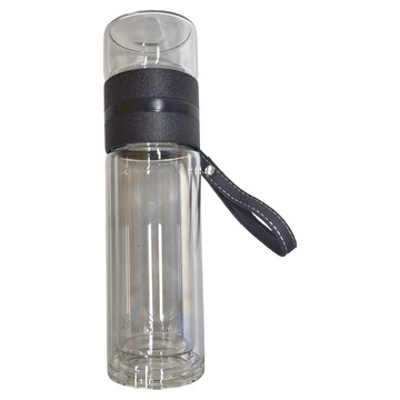 LifeHouse 茶水分離 雙層玻璃泡茶杯  黑色  400ml  1個