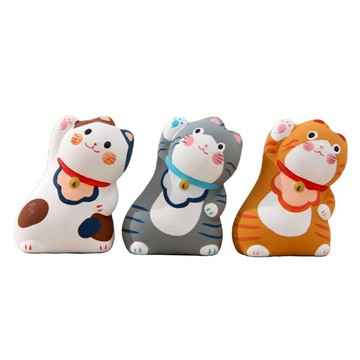 摩達客 祈願招福 體操伸展招財貓迷你陶瓷開運擺飾三件組 可愛療癒居家擺設  5 x 5 x 6cm  白色 + 灰色 + 棕色