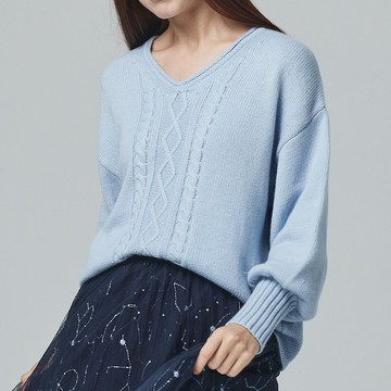 小V領麻花辮暖柔毛衣  藍
