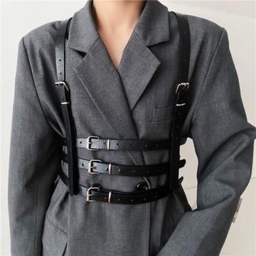 歐美馬甲朋克背帶式腰帶女一體裝飾百搭腰封黑色配裙子西裝ins風