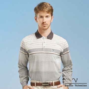 Emilio Valentino范倫鐵諾橫紋胸袋薄長袖POLO衫_咖啡/米(15-1V5961)