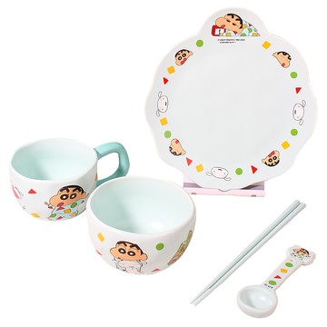 萌兔兔 蠟筆小新 陶瓷單人餐具 五件組  白色  1套  餐盤 + 湯匙 + 筷子 + 碗 + 杯子
