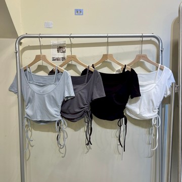 【太妮絲CH35】現貨 真兩件 胸墊小可愛+短袖上衣 套裝 側抽繩綁帶套裝 螞蟻腰 純欲風 辣妹款 韓國設計