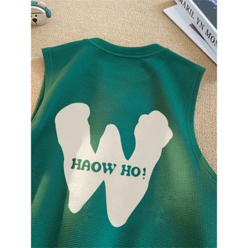 墨綠色華夫格t恤男重磅寬松無袖運動背心美式坎肩夏季男生上衣薄