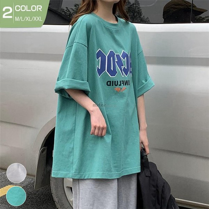 Tシャツ レディース ロングtシャツ 半袖 カットソー 英字柄 ゆったり カジュアル トップス 21 夏 通販 Lineポイント最大get Lineショッピング